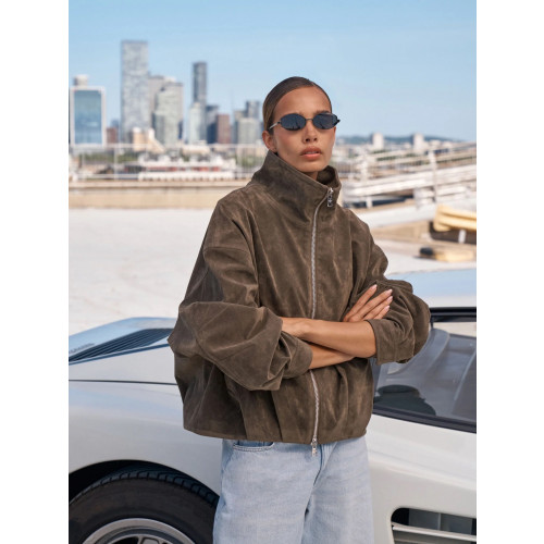 SUEDE FUNNEL NECK JACKET - BROWN