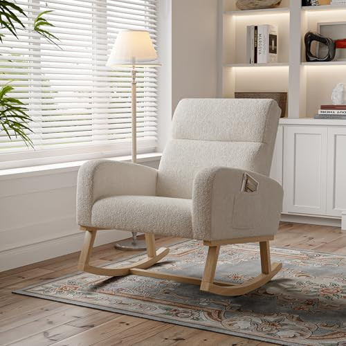 Fauteuil &agrave; bascule avec poche lat&eacute;rale, fauteuil &agrave; bascule rembourr&eacute;, structure en bois, chaise d...
